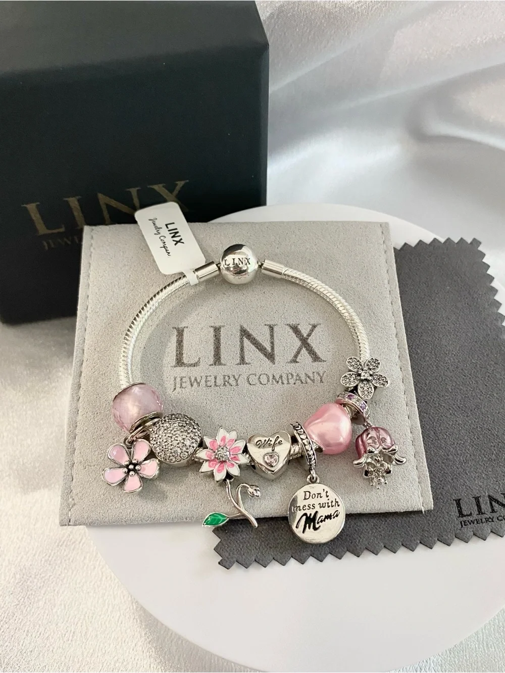 Linx Snake Chain Bracelet with Wife and Mom Themed Charms